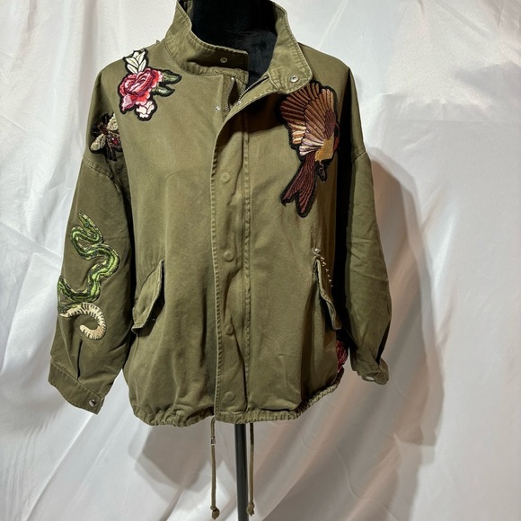 H&M Women's Olive Embroidered Patch Utility Jacket Size M - Picture 2 of 15